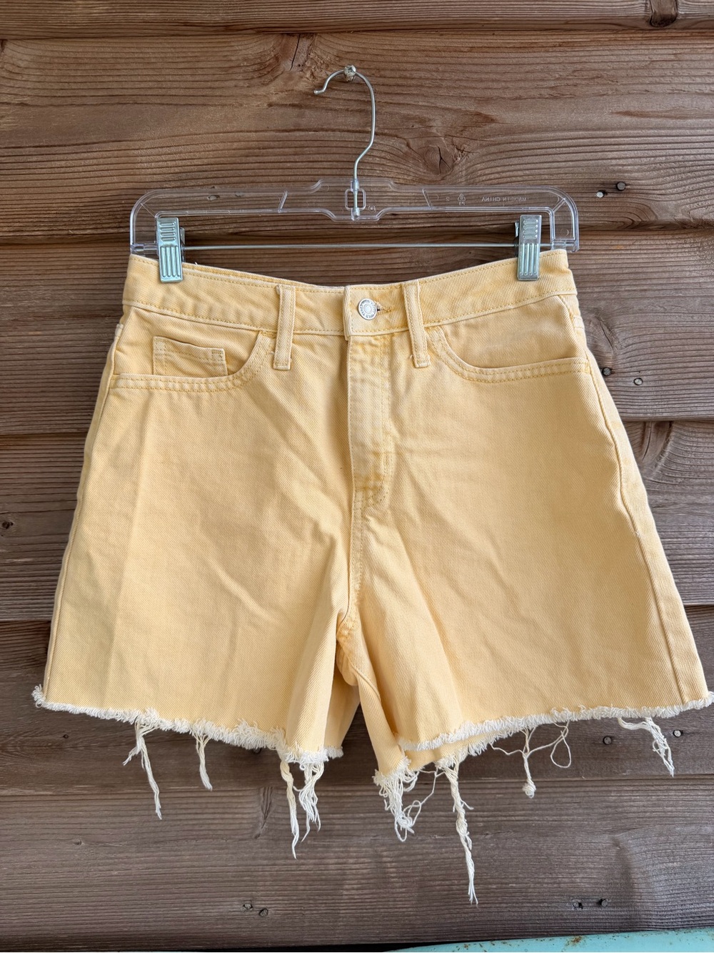 THE CUTEST Butter Yellow Hugh Waisted Denim Frayed Hem Women's Shorts